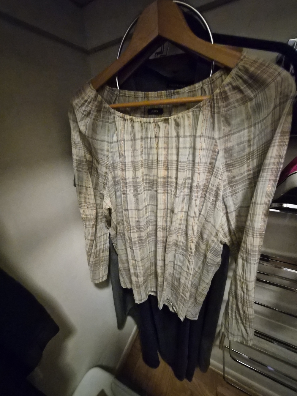 J. Crew Plaid Peasant Blouse in Beige and Cream Tones